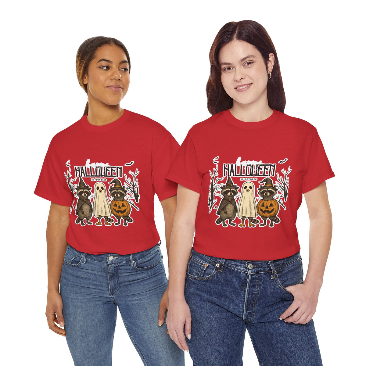 Halloween Raccoon Ghost Pumpkin T‑Shirt — Cute Spooky Costume Trio Tee