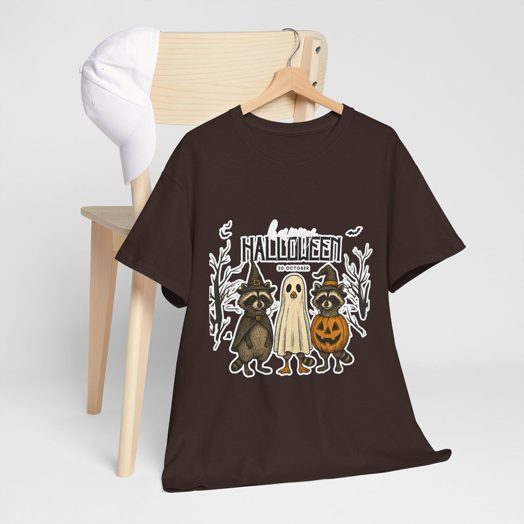 Halloween Raccoon Ghost Pumpkin T‑Shirt — Cute Spooky Costume Trio Tee