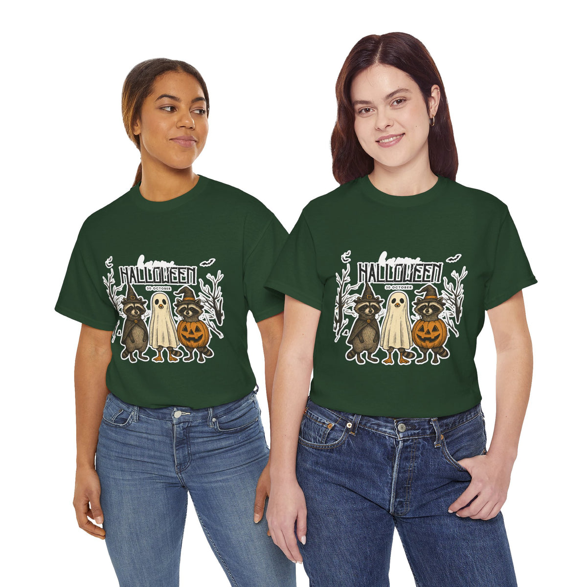 Halloween Raccoon Ghost Pumpkin T‑Shirt — Cute Spooky Costume Trio Tee