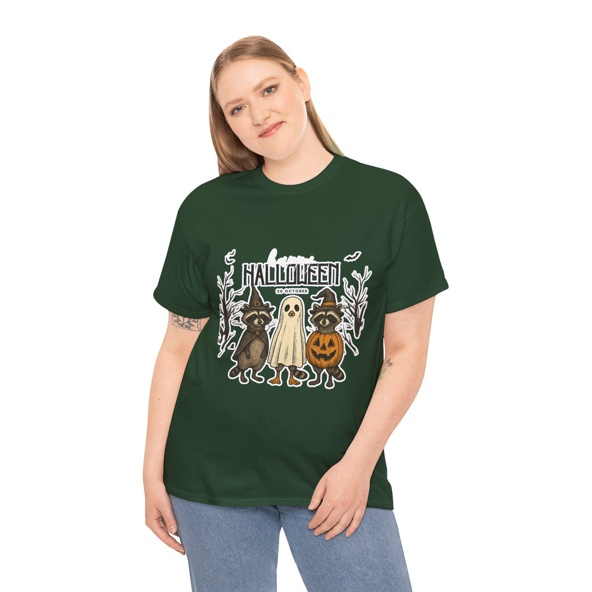 Halloween Raccoon Ghost Pumpkin T‑Shirt — Cute Spooky Costume Trio Tee