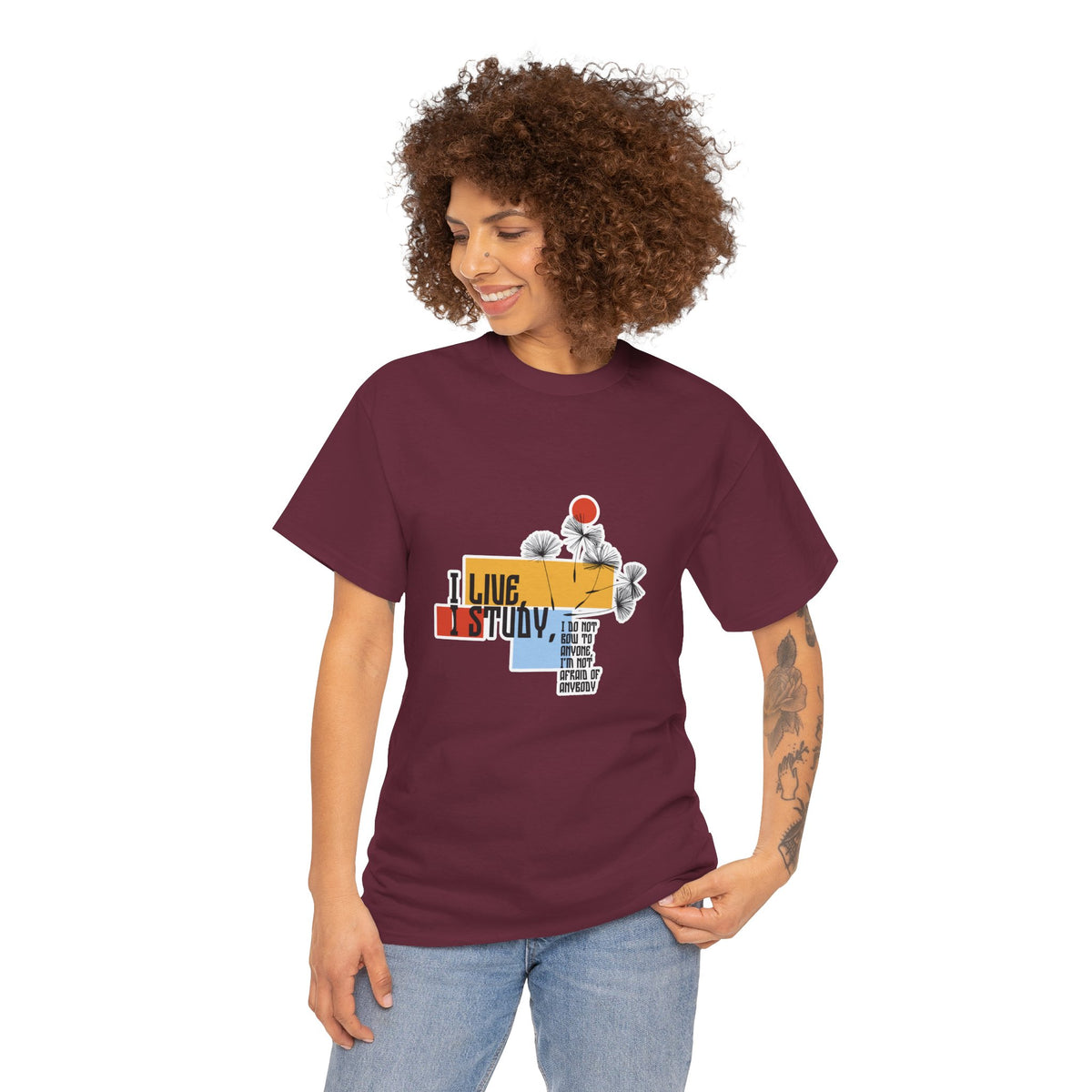 T-Shirt — I Live, I Study Graphic Tee (Minimalist Floral Collage)