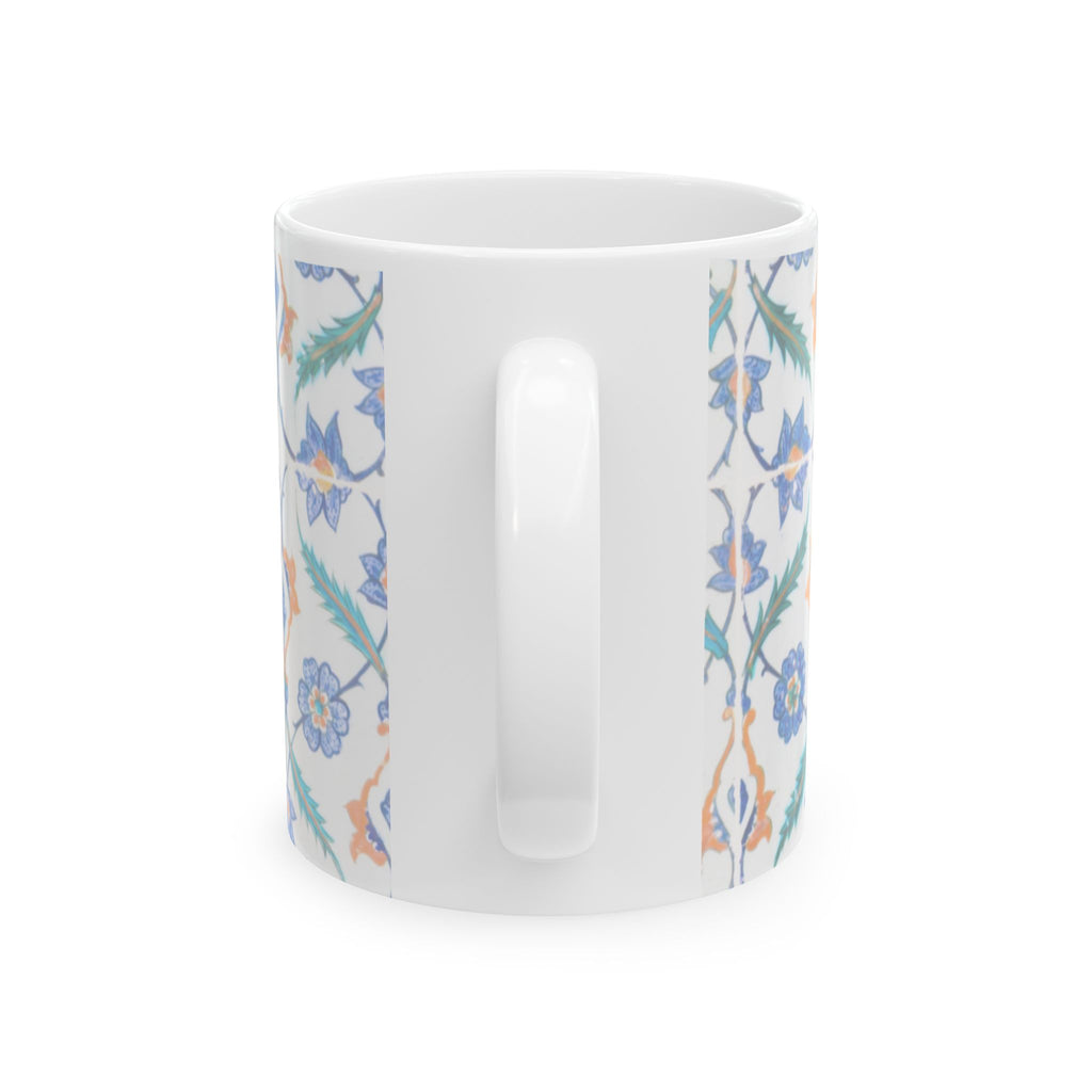 Floral Tile Pattern Ceramic Mug — Blue & Coral Botanical Design (11oz/15oz)