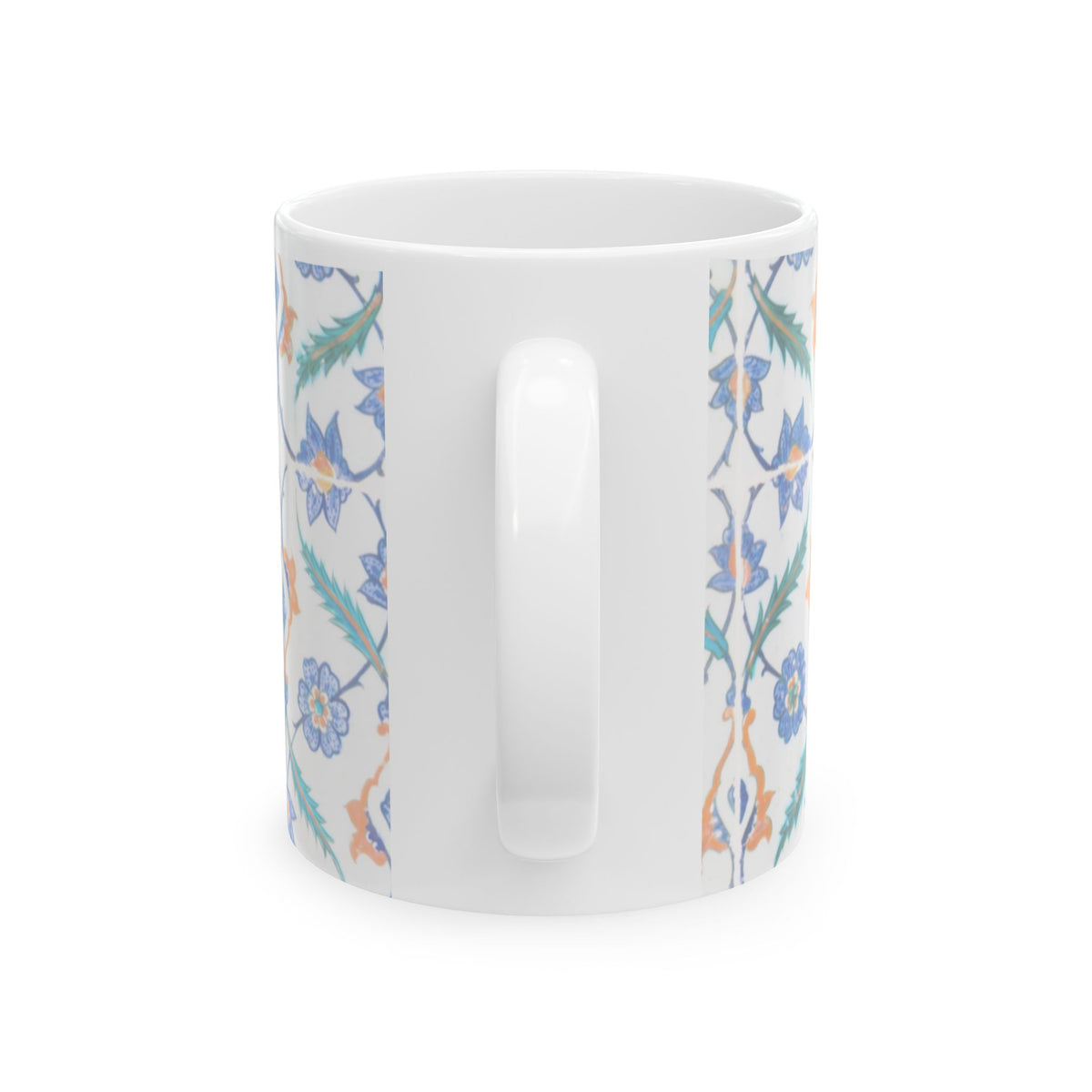 Floral Tile Pattern Ceramic Mug — Blue & Coral Botanical Design (11oz/15oz)
