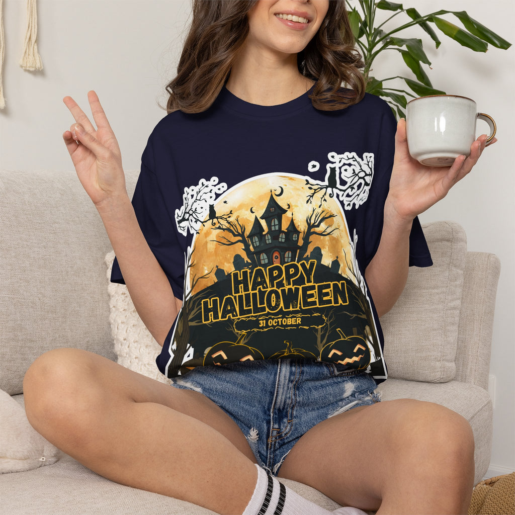 Halloween Haunted House T-Shirt — "Happy Halloween" Pumpkin Graphic Tee