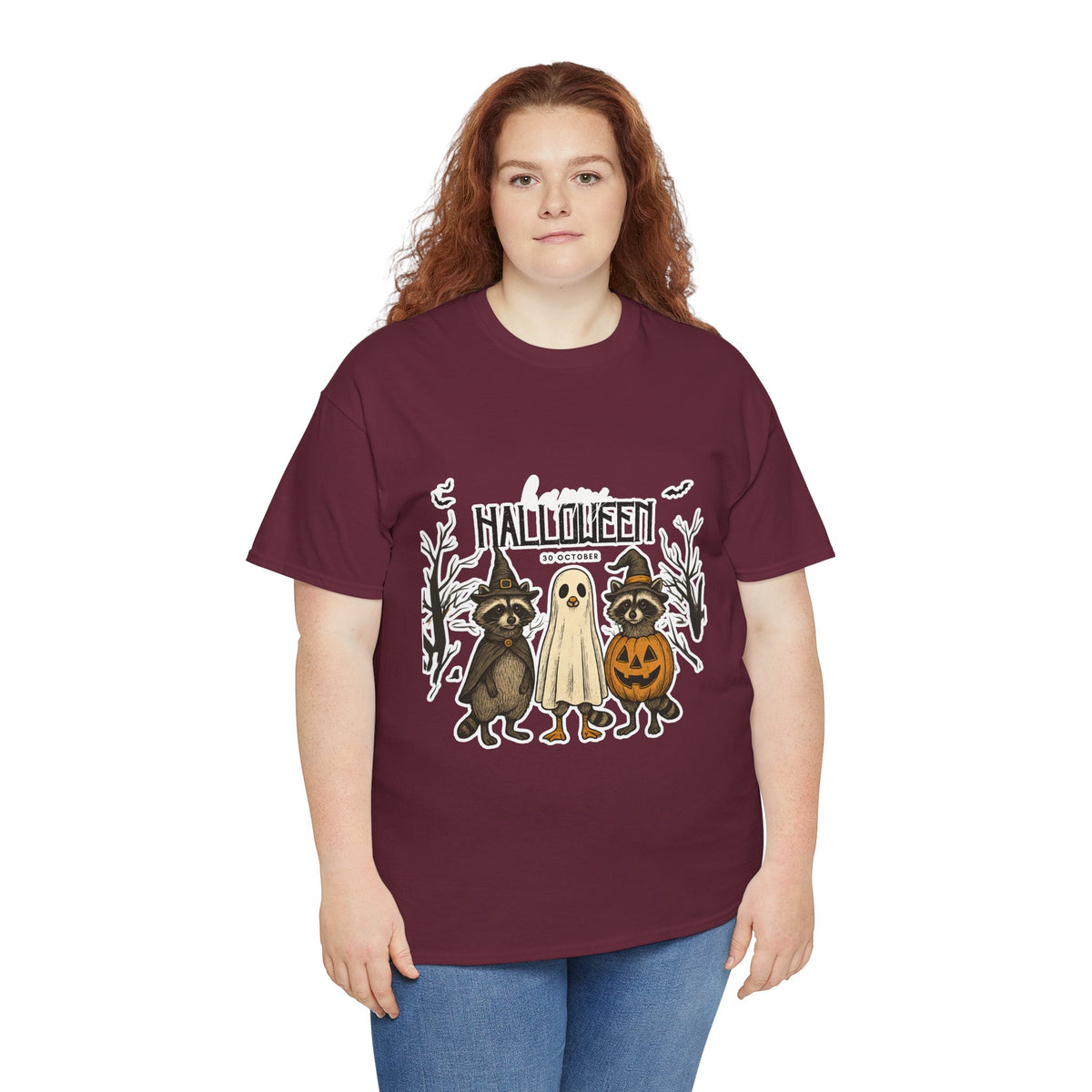 Halloween Raccoon Ghost Pumpkin T‑Shirt — Cute Spooky Costume Trio Tee