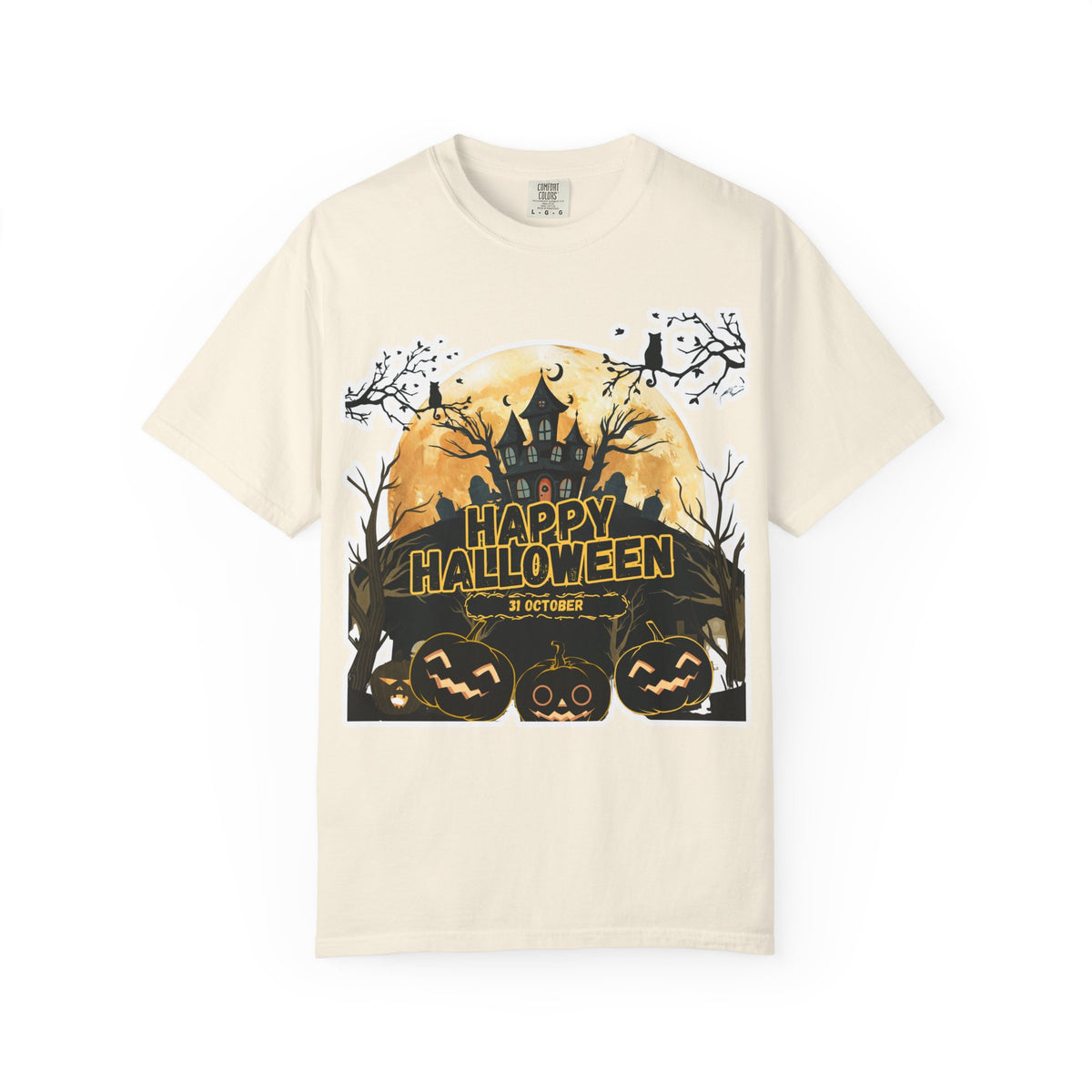Halloween Haunted House T-Shirt — "Happy Halloween" Pumpkin Graphic Tee