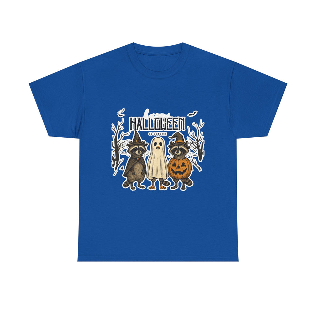 Halloween Raccoon Ghost Pumpkin T‑Shirt — Cute Spooky Costume Trio Tee