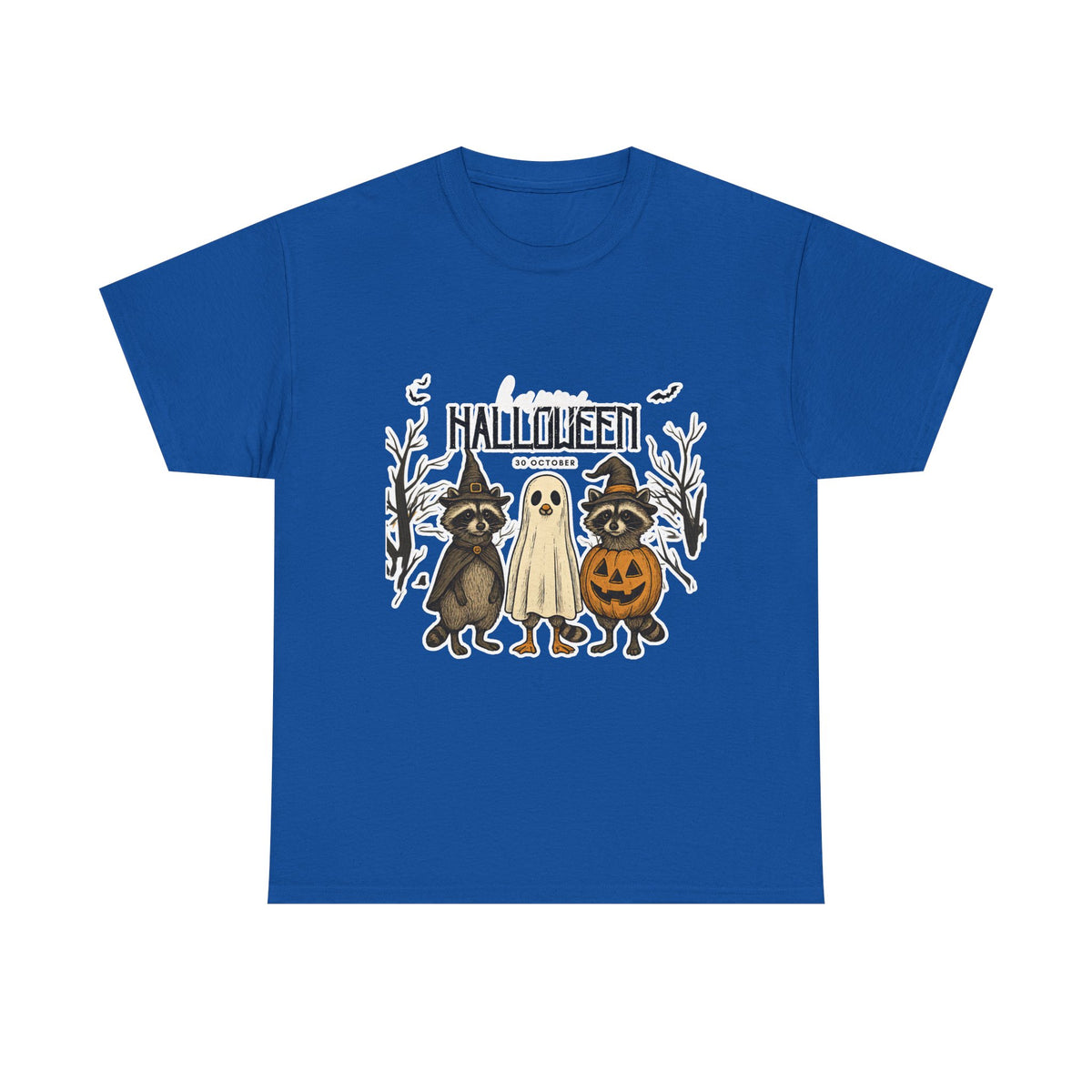 Halloween Raccoon Ghost Pumpkin T‑Shirt — Cute Spooky Costume Trio Tee