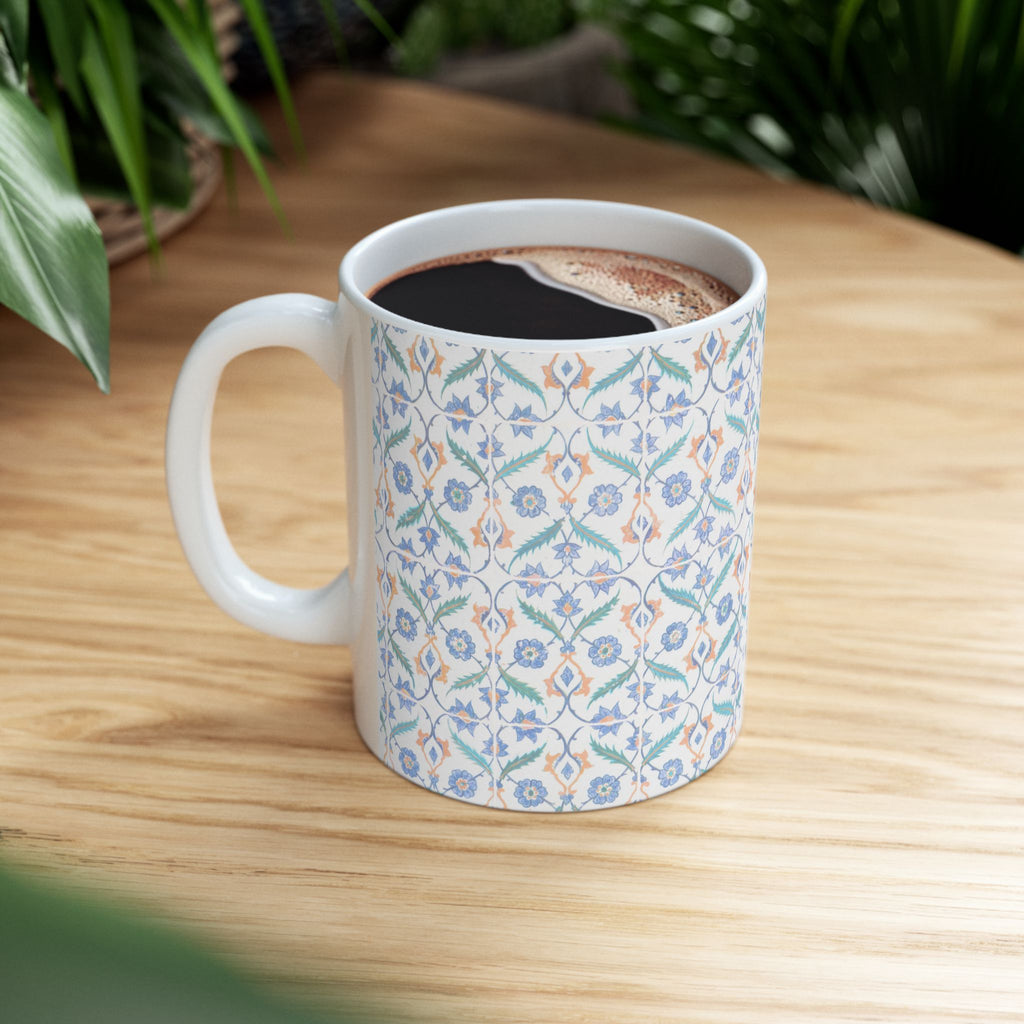 Floral Tile Pattern Ceramic Mug – Blue & Orange Decorative Coffee Cup (11oz/15oz)