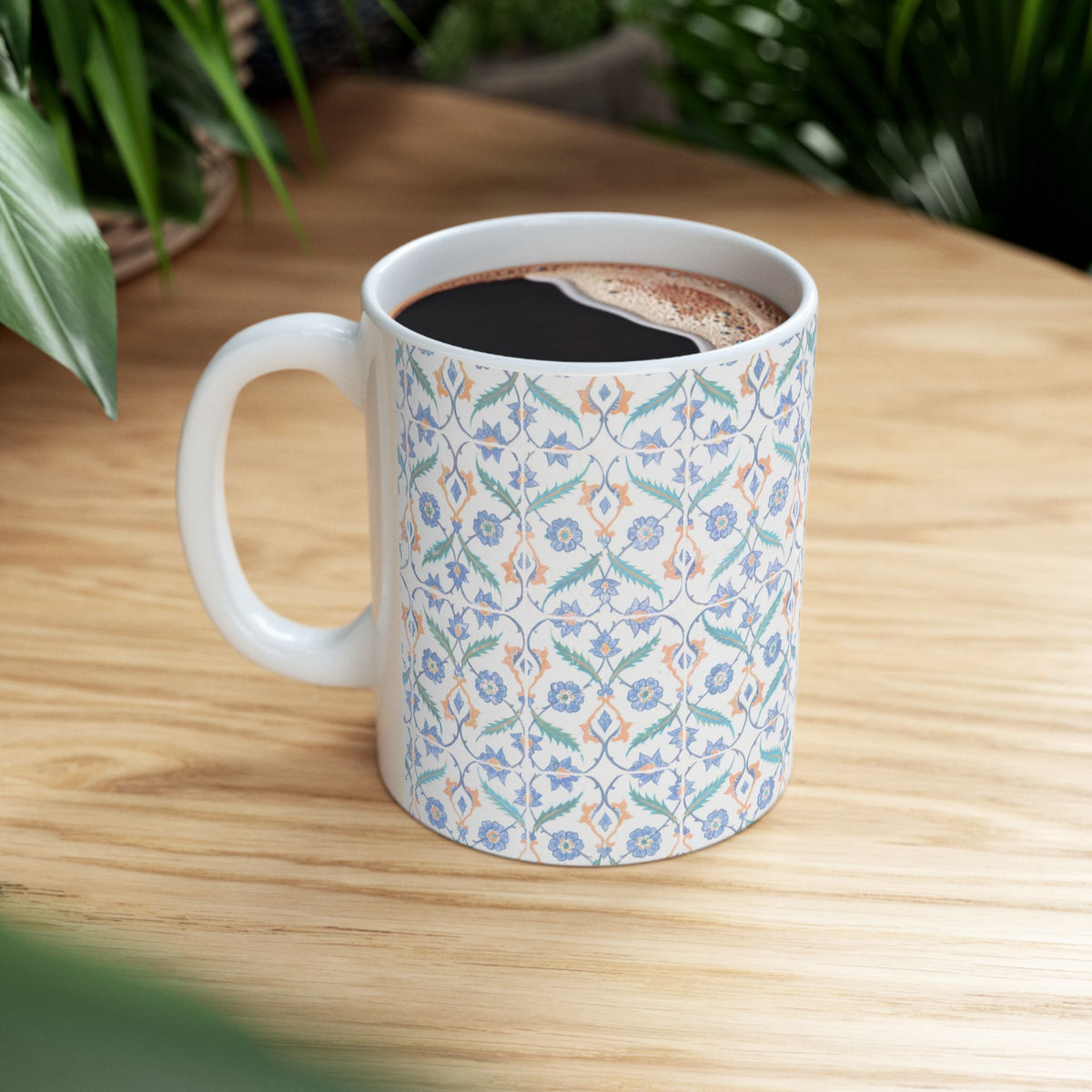 Floral Tile Pattern Ceramic Mug – Blue & Orange Decorative Coffee Cup (11oz/15oz)