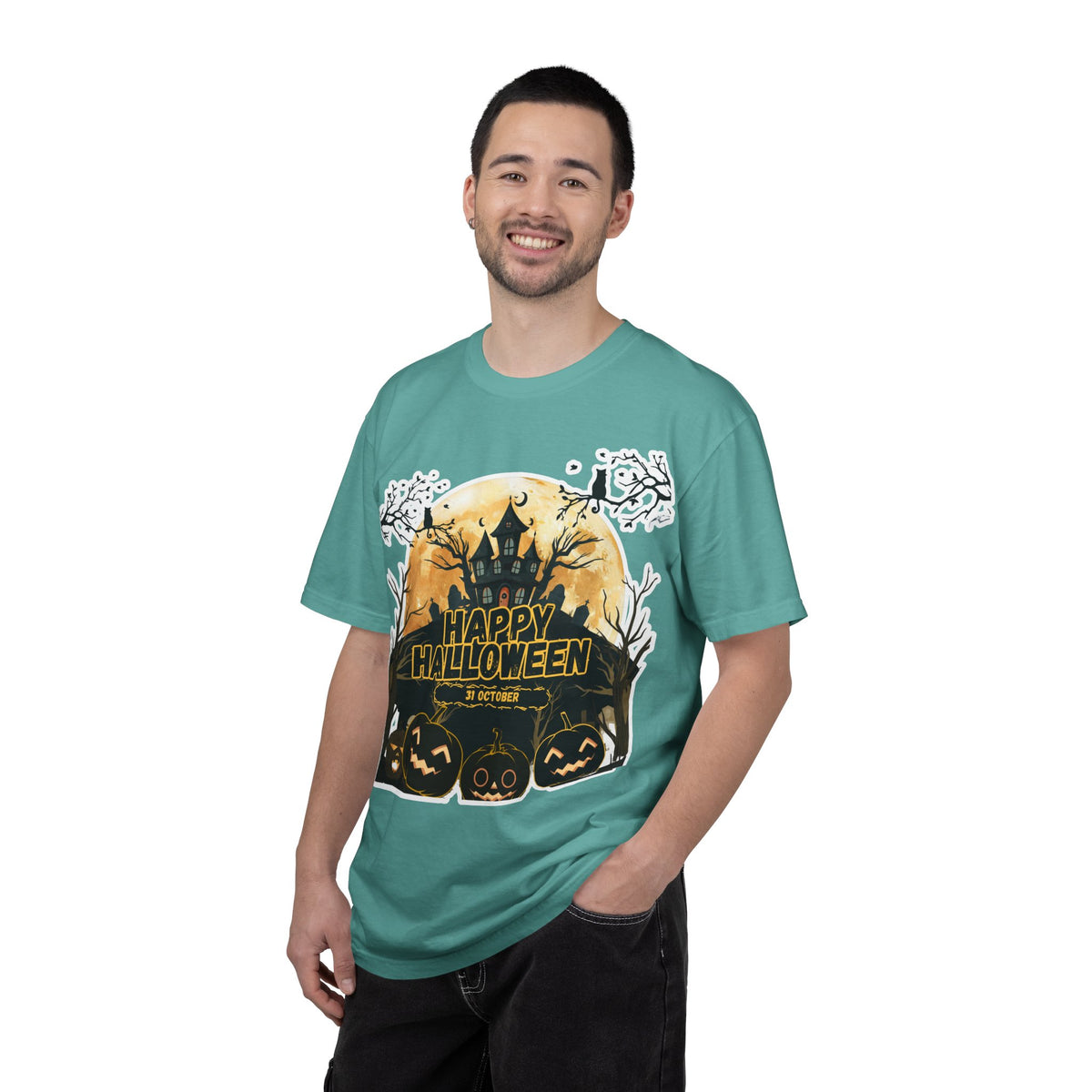 Halloween Haunted House T-Shirt — "Happy Halloween" Pumpkin Graphic Tee