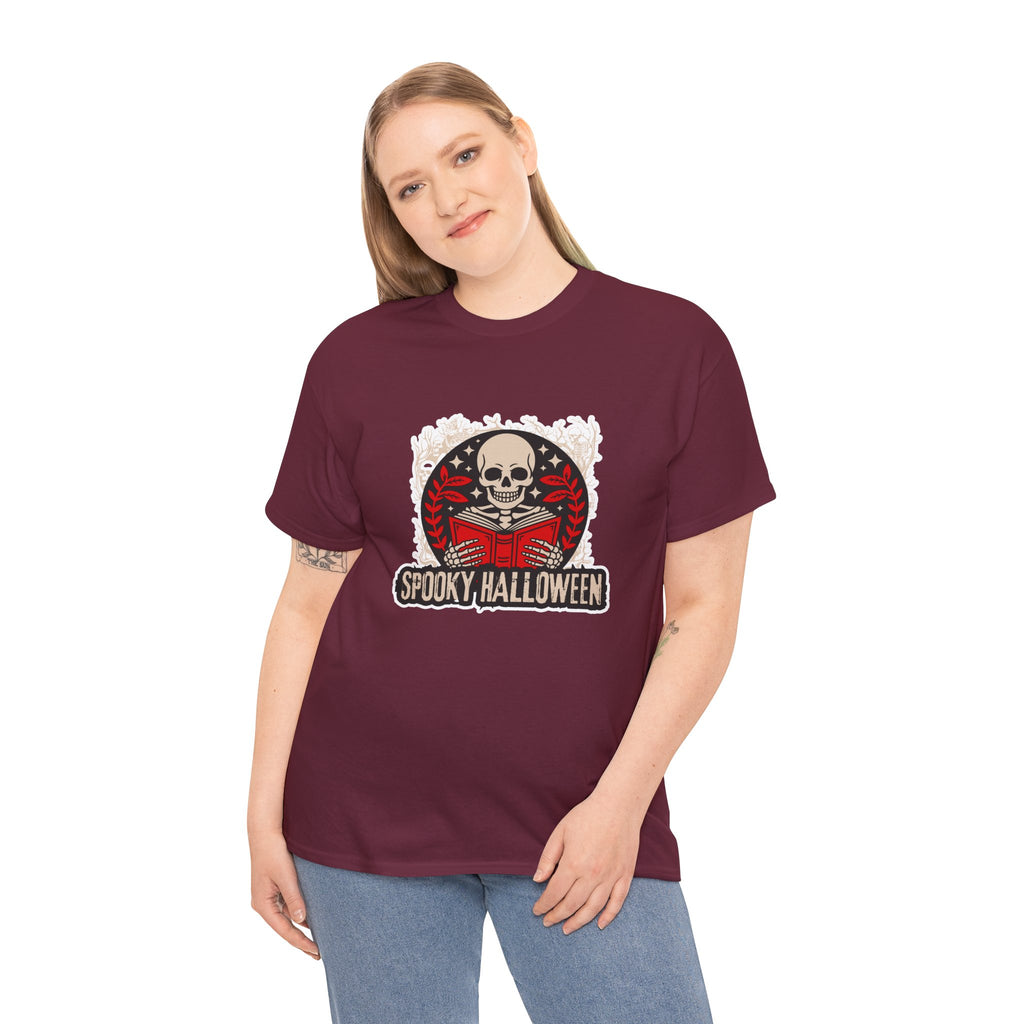 Spooky Halloween Skull Tee — Vintage Skeleton Reading Book Halloween T-Shirt
