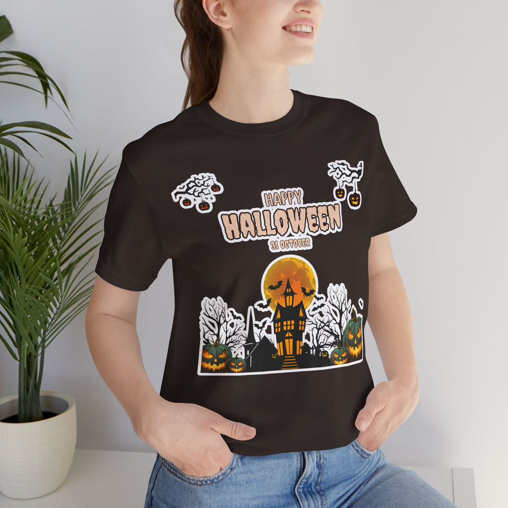 Halloween Haunted House T-Shirt — "Happy Halloween" Pumpkin Spooky Tee