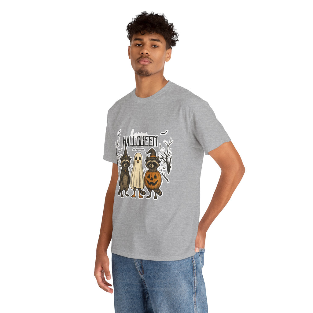 Halloween Raccoon Ghost Pumpkin T‑Shirt — Cute Spooky Costume Trio Tee
