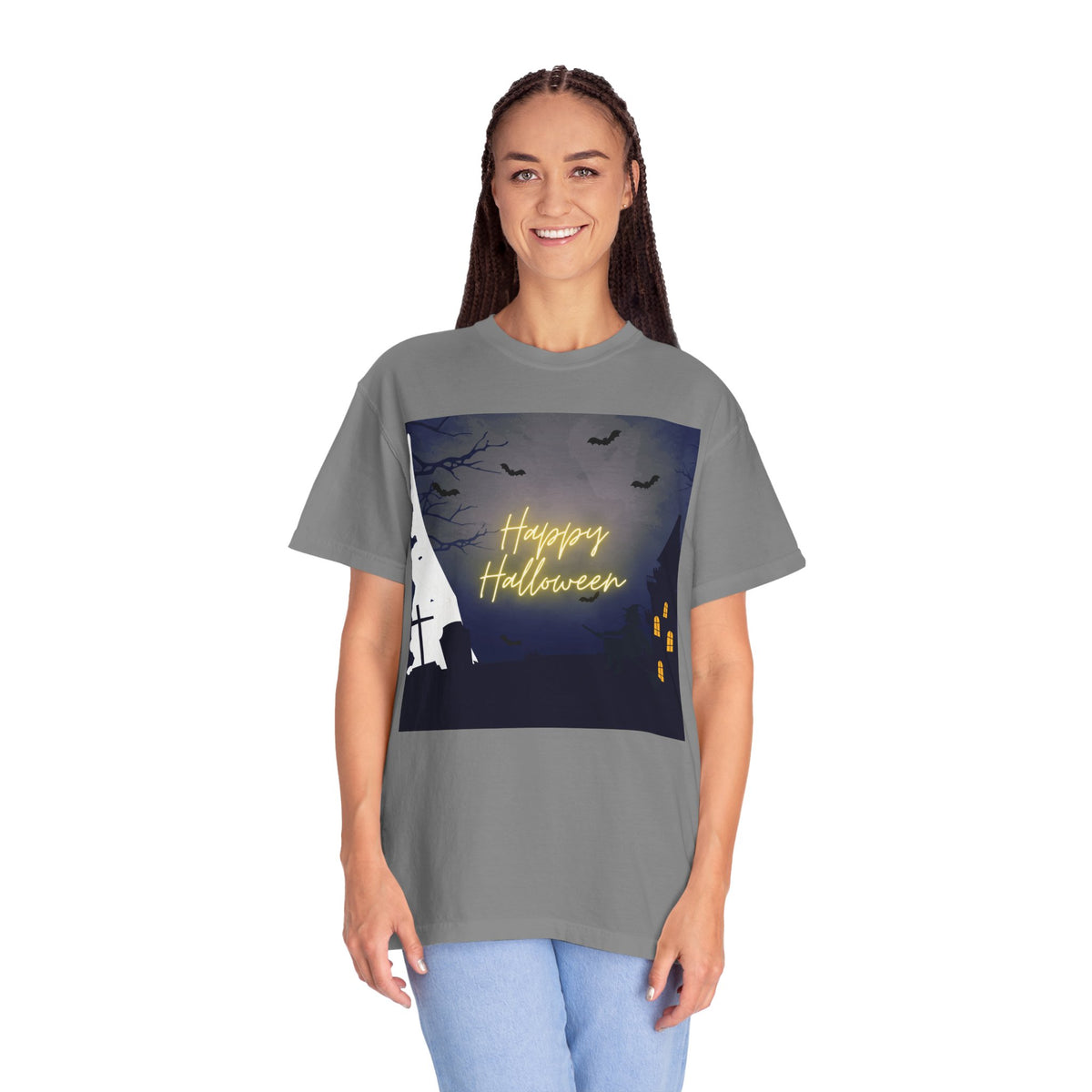 Halloween Night T-Shirt — "Happy Halloween" Haunted Graveyard Design