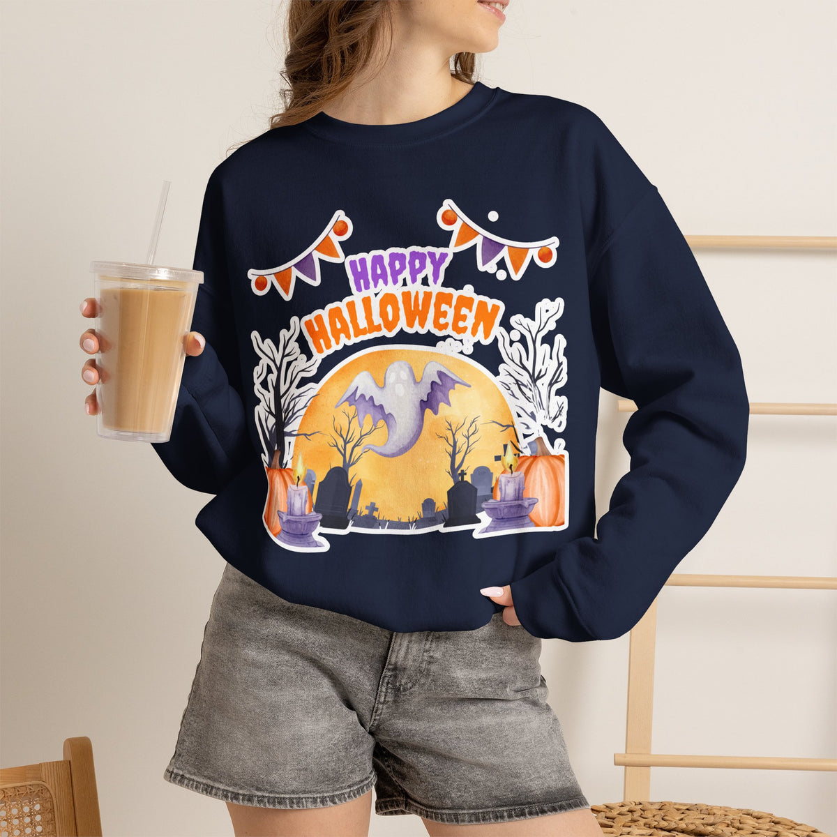 Happy Halloween Crewneck Sweatshirt — Cute Ghost Pumpkin Halloween Sweater