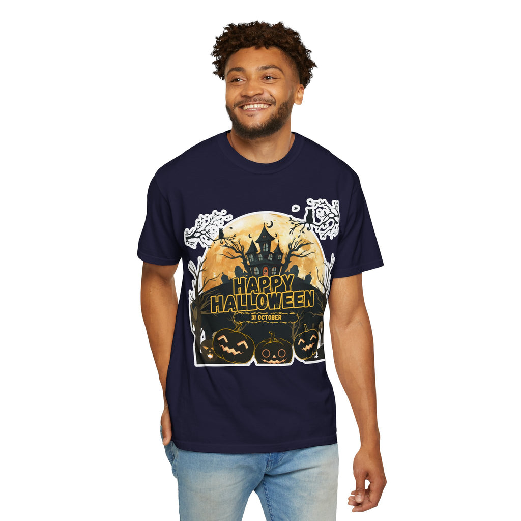 Halloween Haunted House T-Shirt — "Happy Halloween" Pumpkin Graphic Tee