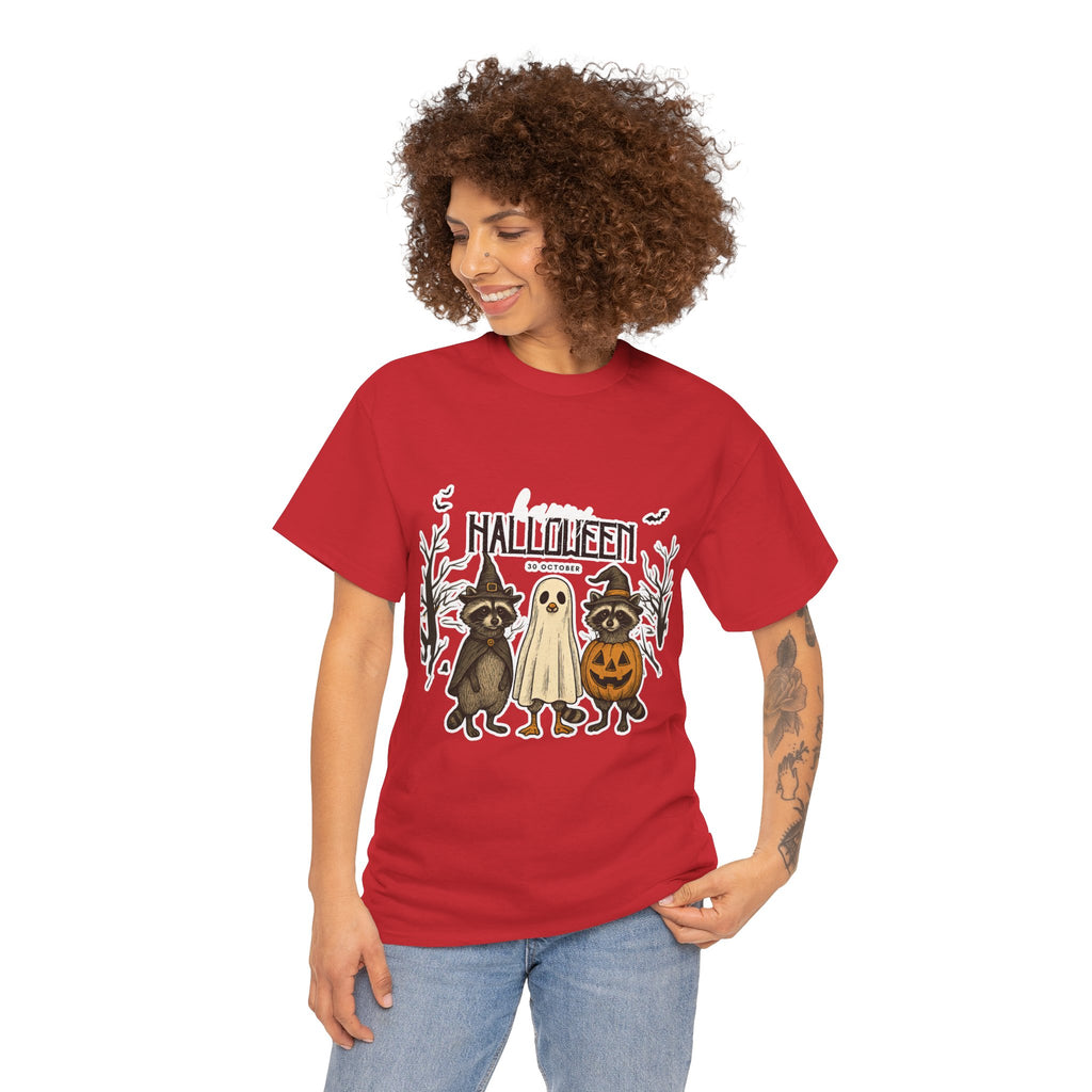 Halloween Raccoon Ghost Pumpkin T‑Shirt — Cute Spooky Costume Trio Tee