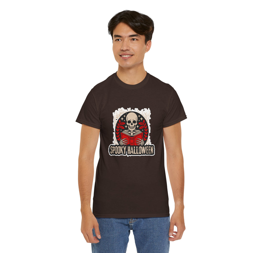 Spooky Halloween Skull Tee — Vintage Skeleton Reading Book Halloween T-Shirt