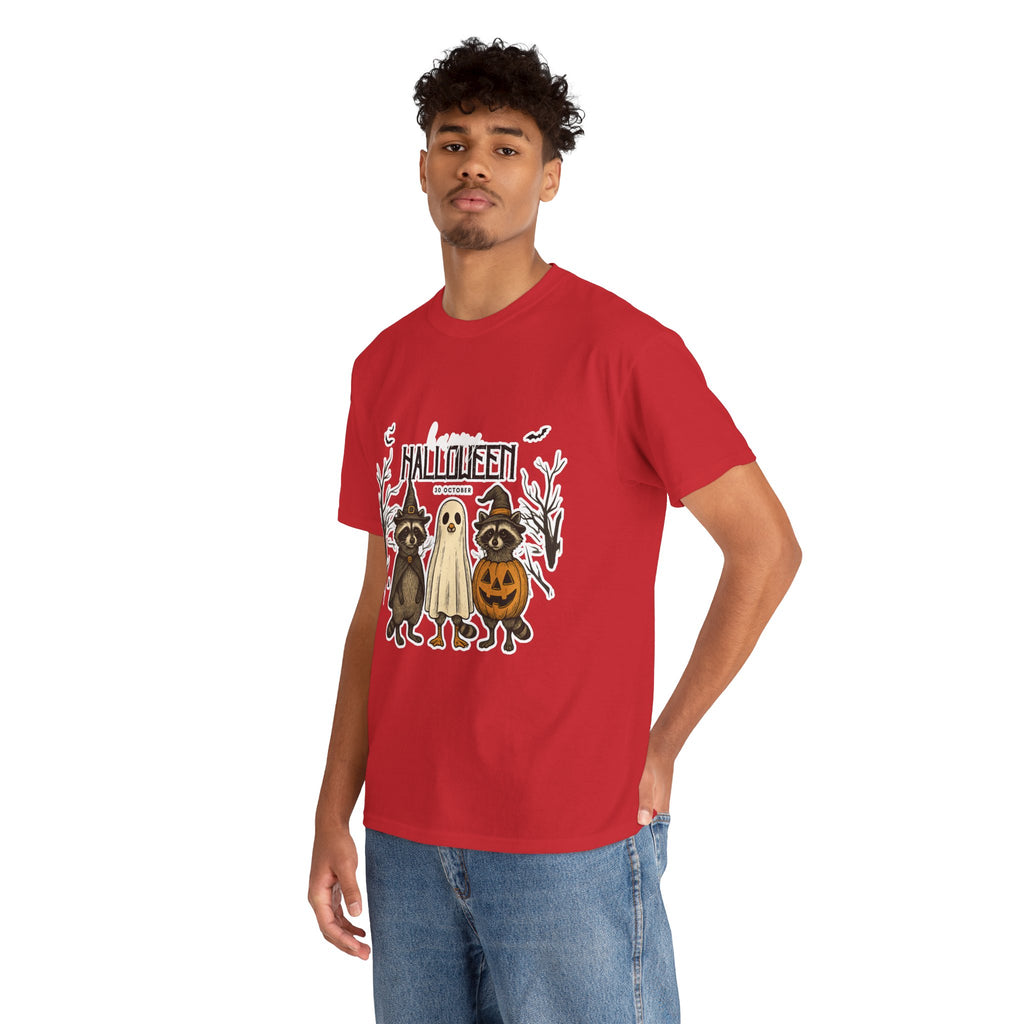 Halloween Raccoon Ghost Pumpkin T‑Shirt — Cute Spooky Costume Trio Tee
