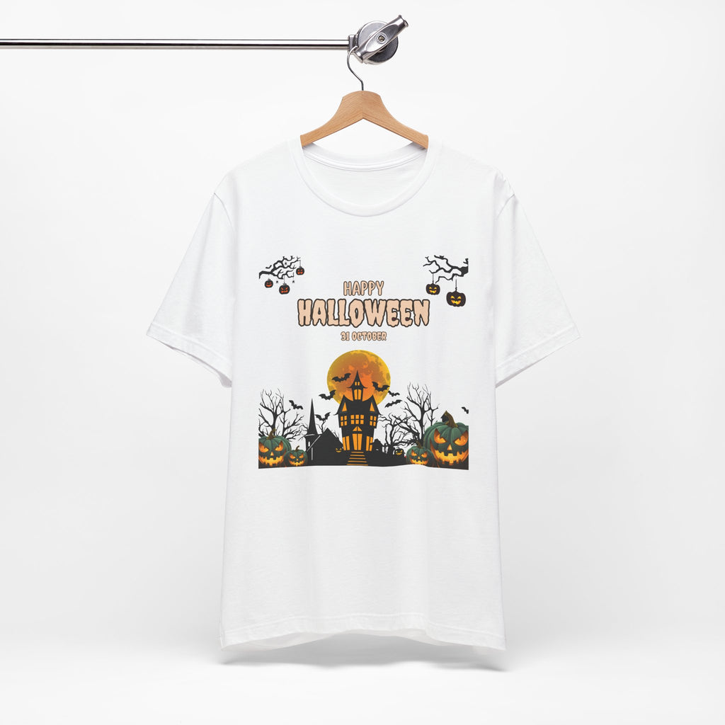 Halloween Haunted House T-Shirt — "Happy Halloween" Pumpkin Spooky Tee