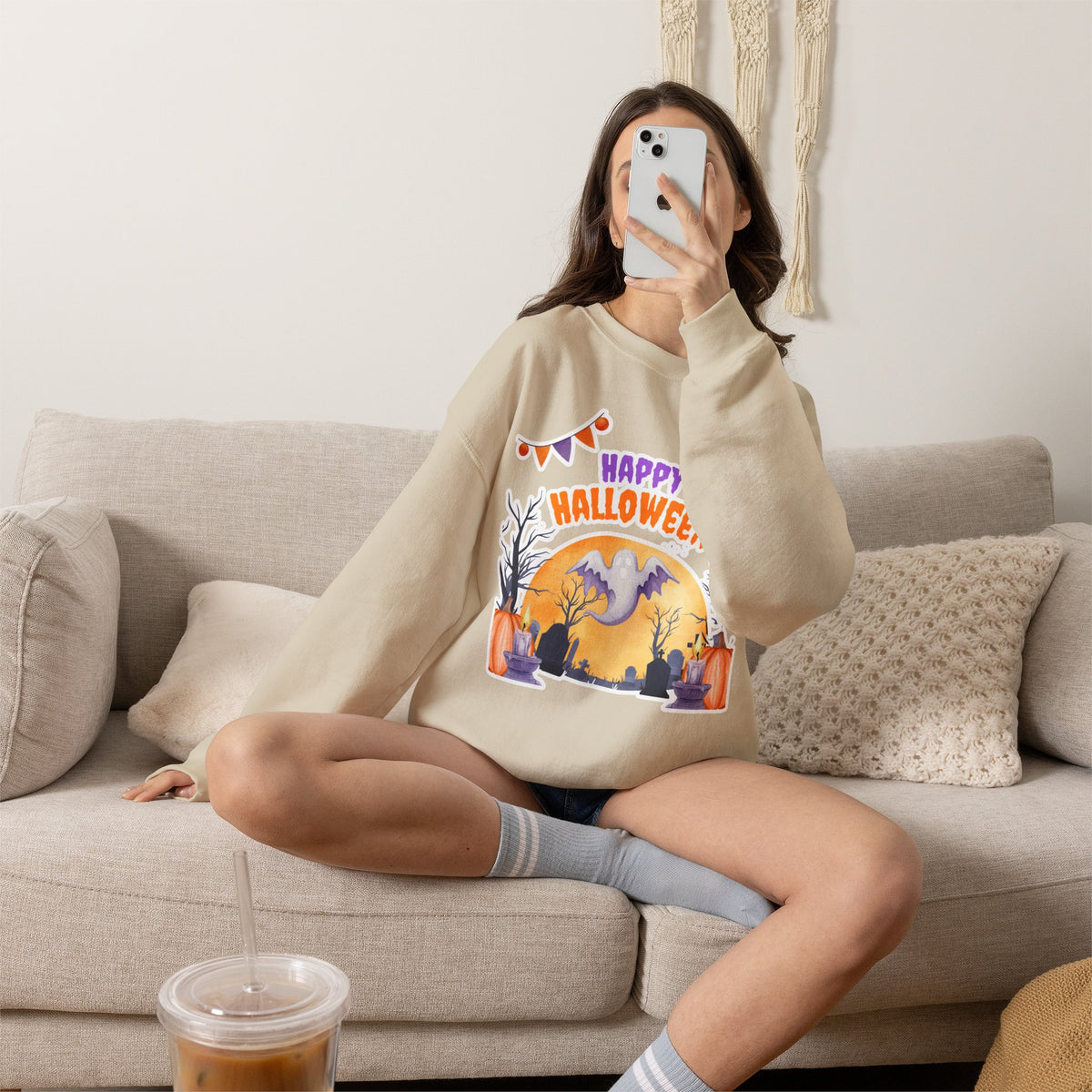 Happy Halloween Crewneck Sweatshirt — Cute Ghost Pumpkin Halloween Sweater