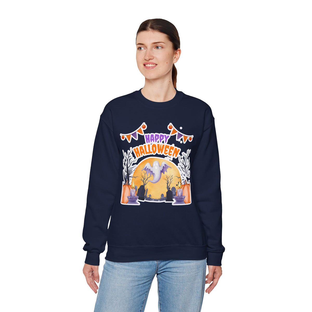Happy Halloween Crewneck Sweatshirt — Cute Ghost Pumpkin Halloween Sweater