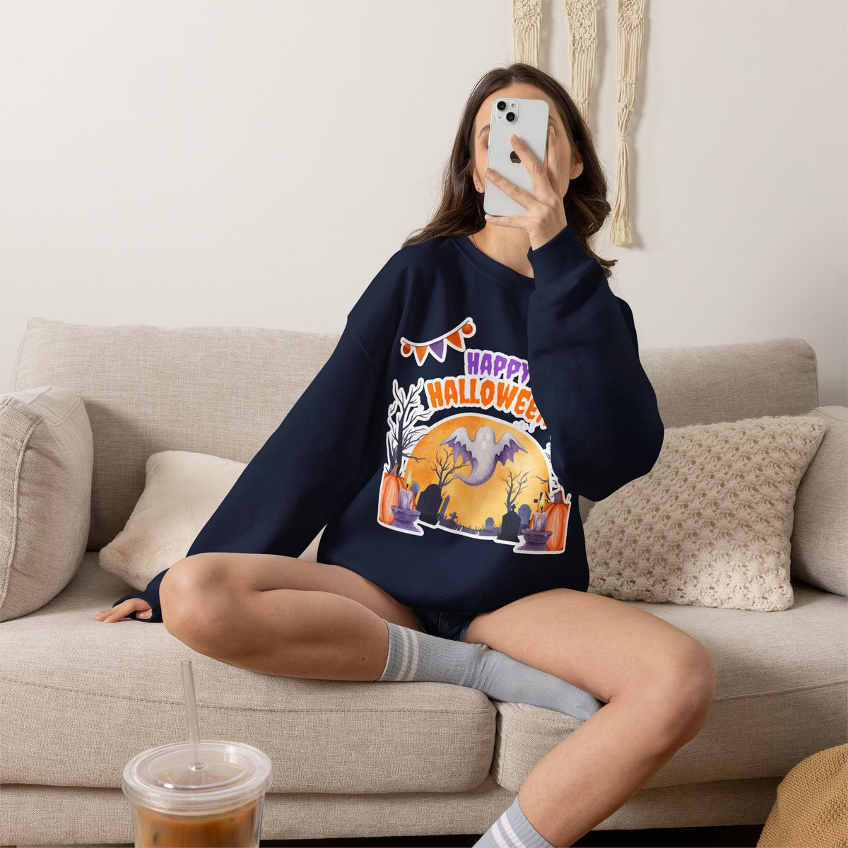Happy Halloween Crewneck Sweatshirt — Cute Ghost Pumpkin Halloween Sweater