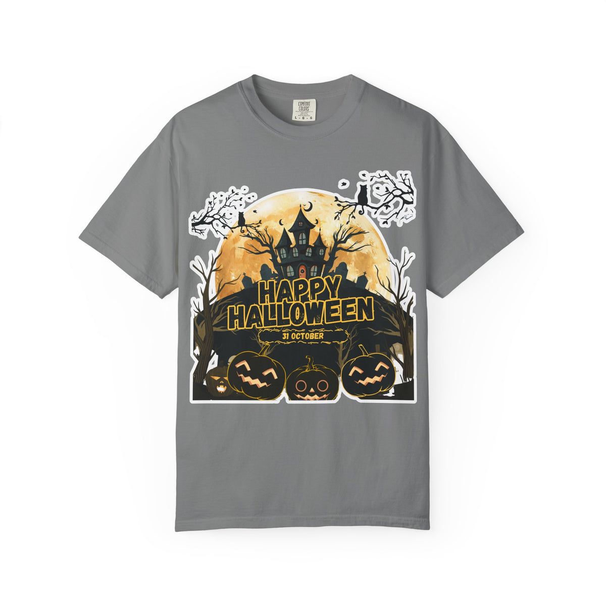 Halloween Haunted House T-Shirt — "Happy Halloween" Pumpkin Graphic Tee