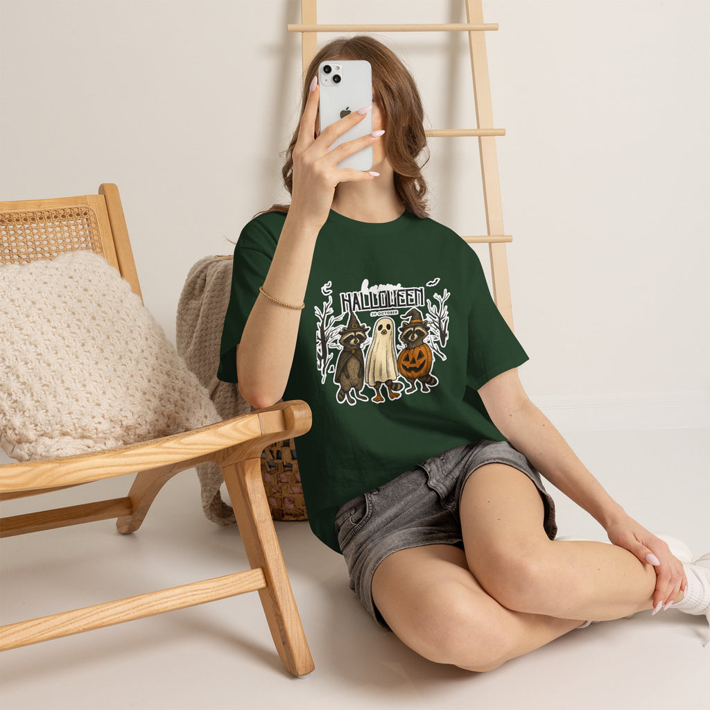 Halloween Raccoon Ghost Pumpkin T‑Shirt — Cute Spooky Costume Trio Tee