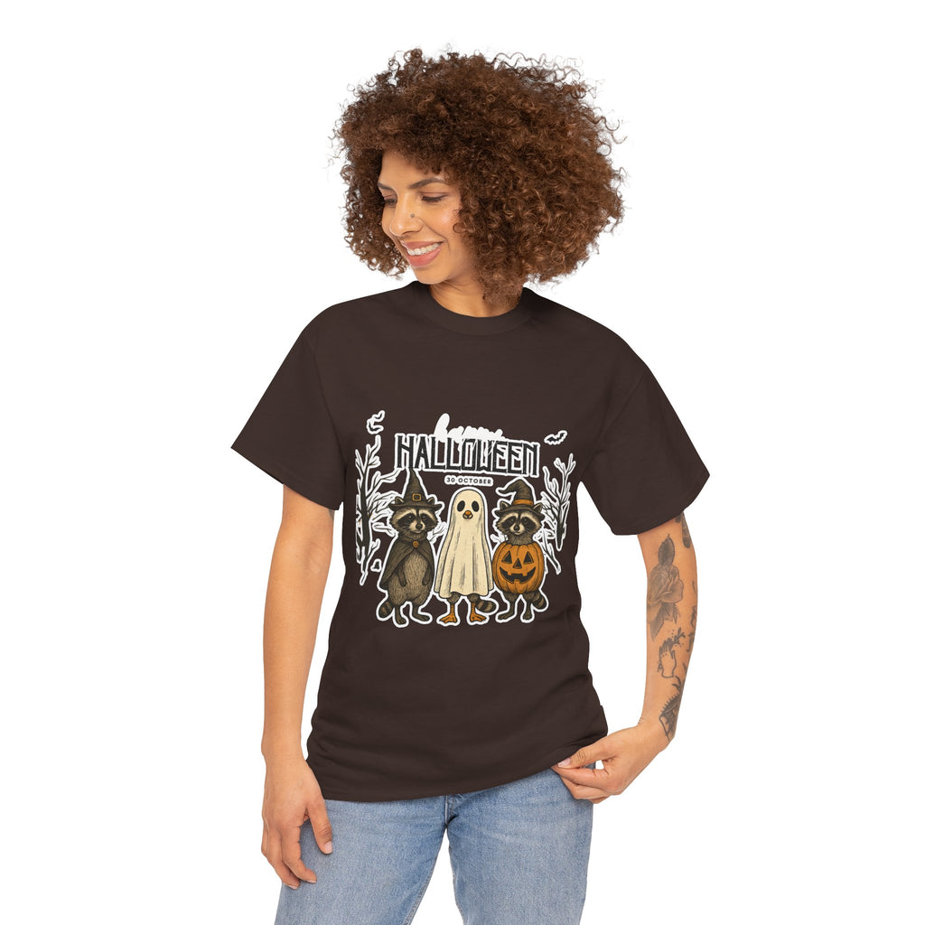 Halloween Raccoon Ghost Pumpkin T‑Shirt — Cute Spooky Costume Trio Tee