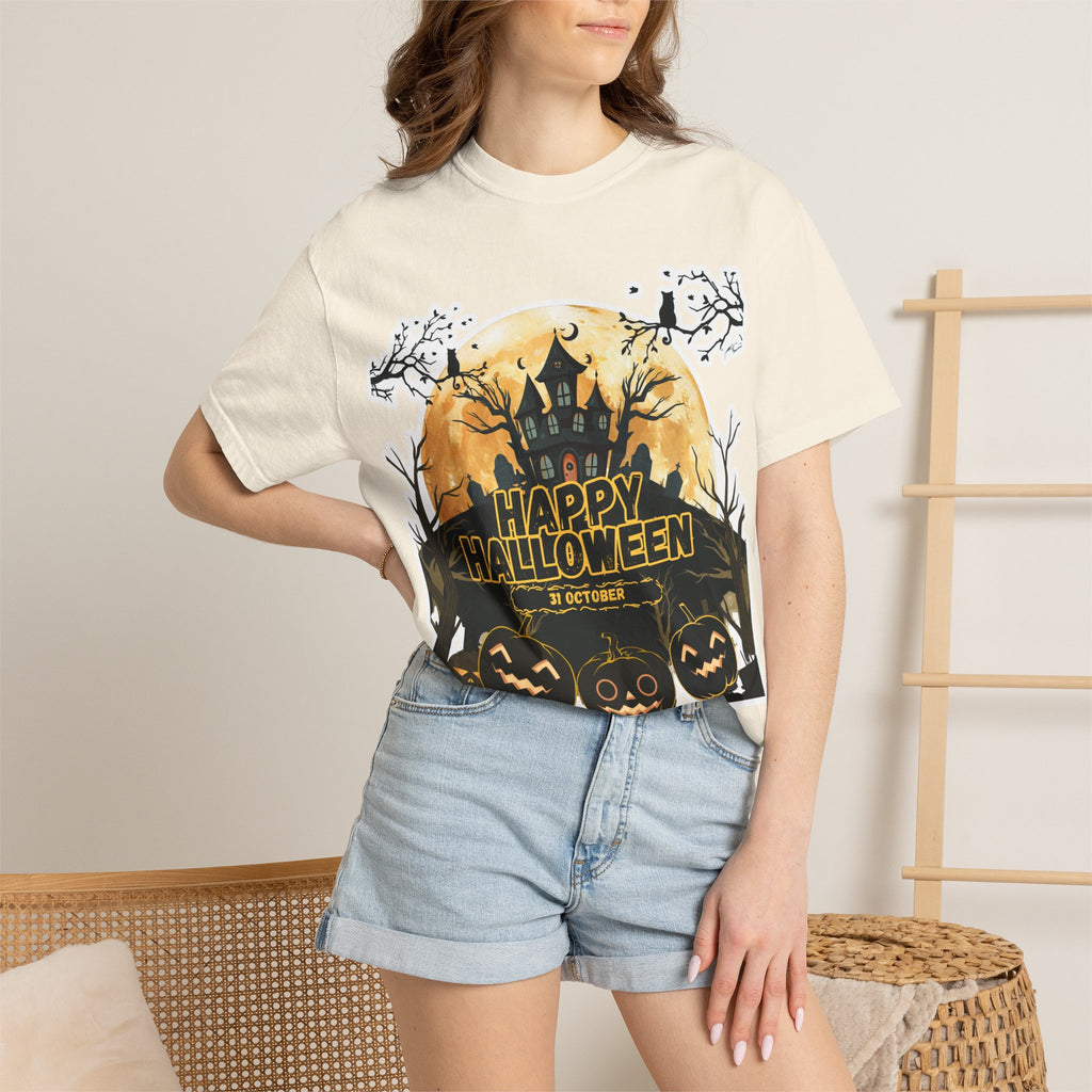 Halloween Haunted House T-Shirt — "Happy Halloween" Pumpkin Graphic Tee
