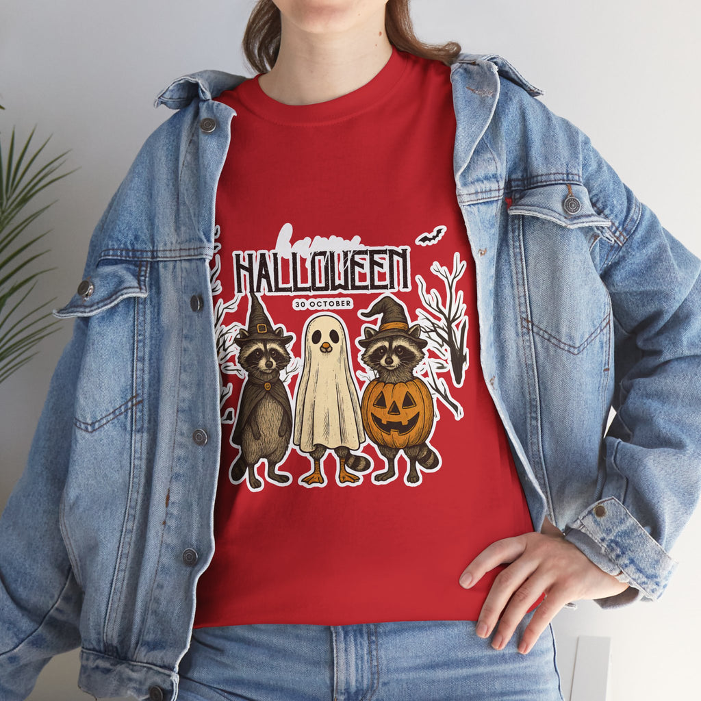 Halloween Raccoon Ghost Pumpkin T‑Shirt — Cute Spooky Costume Trio Tee