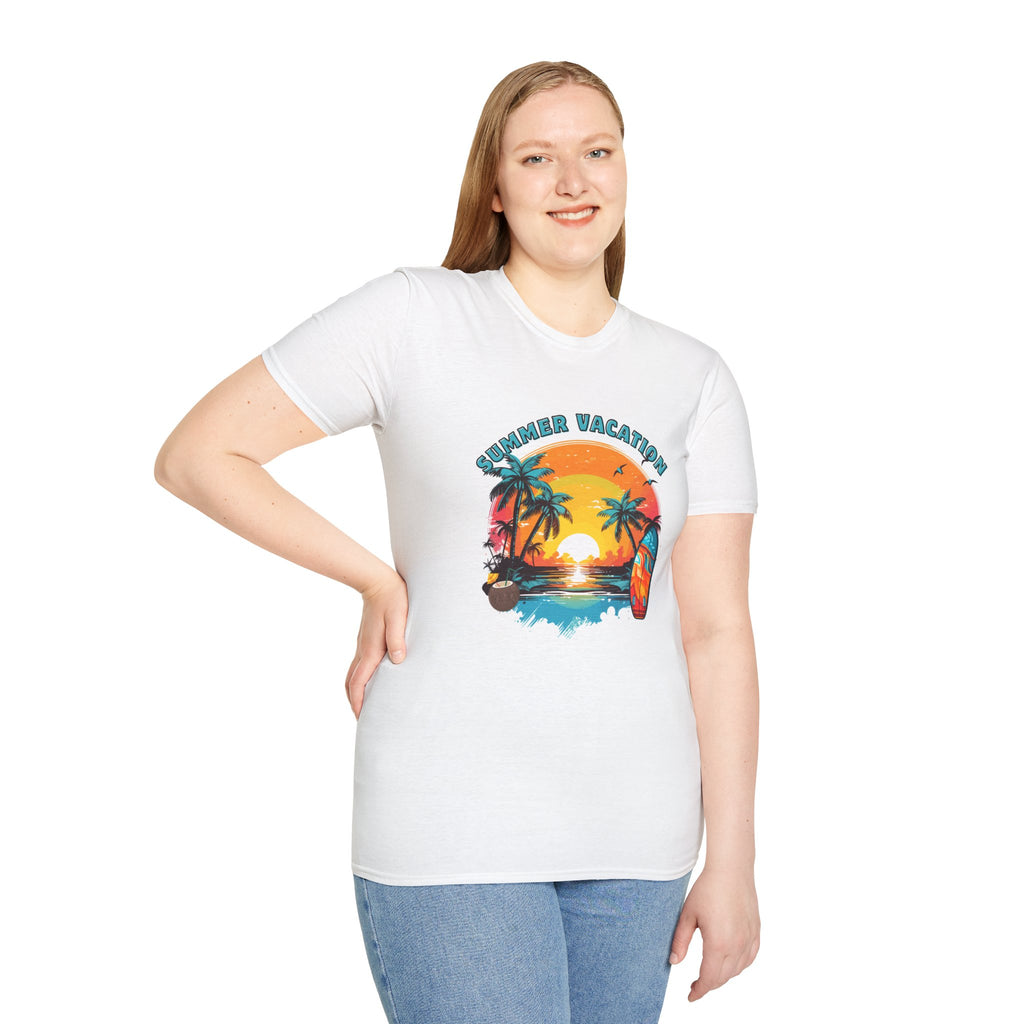 Summer Vacation T-Shirt – Tropical Sunset Surf Graphic
