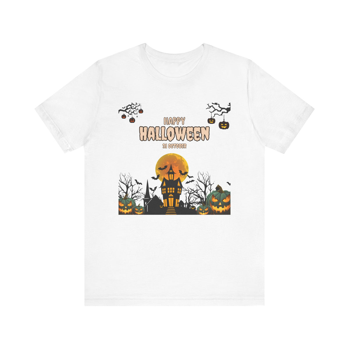 Halloween Haunted House T-Shirt — "Happy Halloween" Pumpkin Spooky Tee