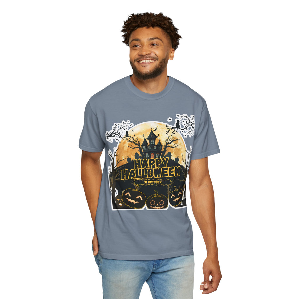 Halloween Haunted House T-Shirt — "Happy Halloween" Pumpkin Graphic Tee