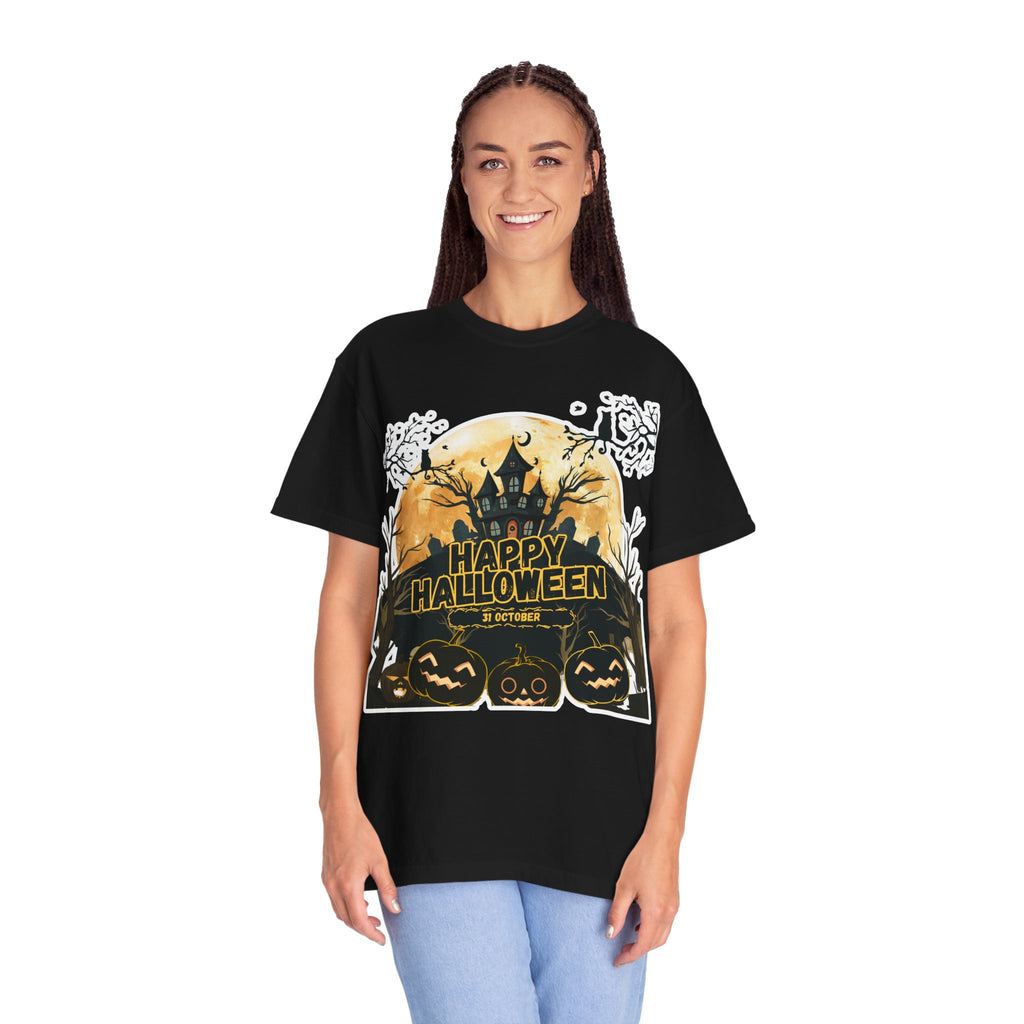 Halloween Haunted House T-Shirt — "Happy Halloween" Pumpkin Graphic Tee