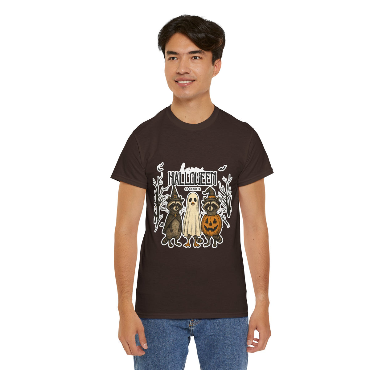 Halloween Raccoon Ghost Pumpkin T‑Shirt — Cute Spooky Costume Trio Tee