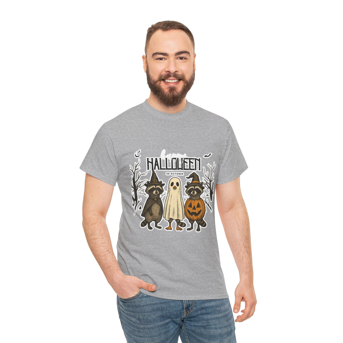 Halloween Raccoon Ghost Pumpkin T‑Shirt — Cute Spooky Costume Trio Tee
