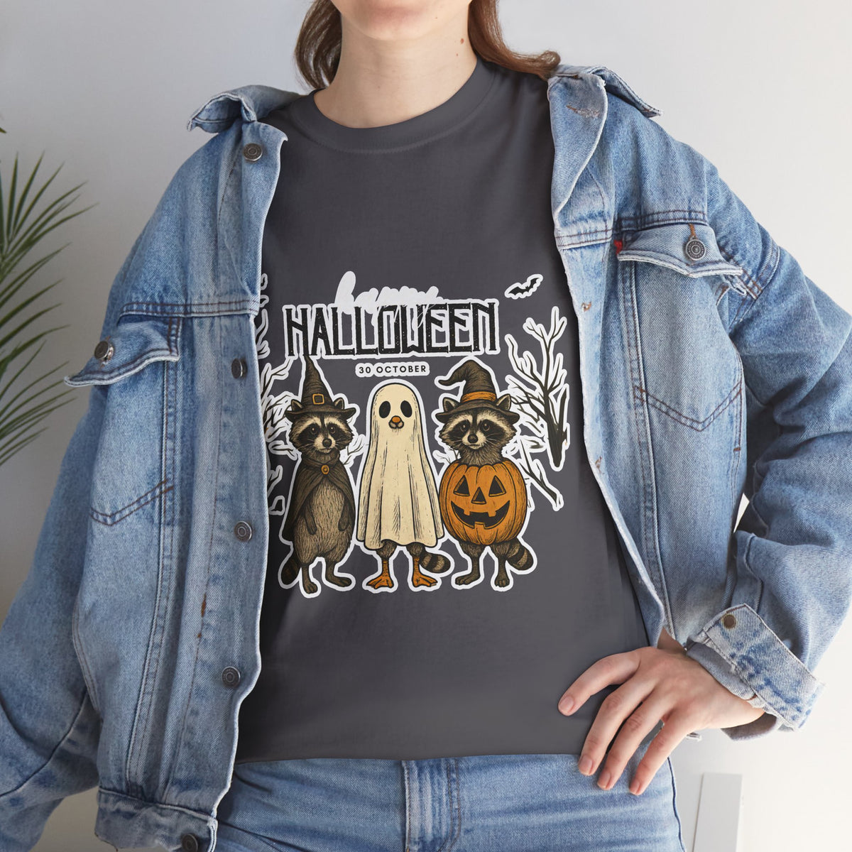 Halloween Raccoon Ghost Pumpkin T‑Shirt — Cute Spooky Costume Trio Tee