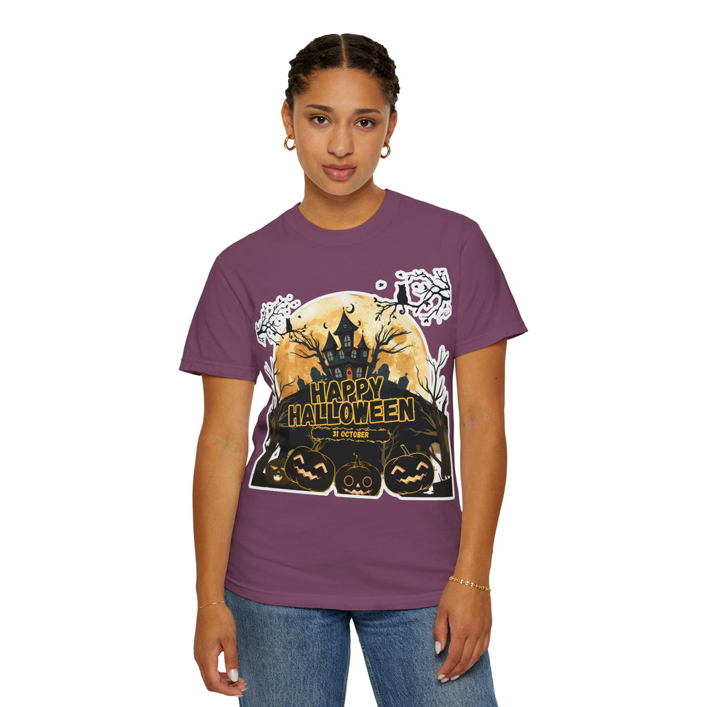 Halloween Haunted House T-Shirt — "Happy Halloween" Pumpkin Graphic Tee