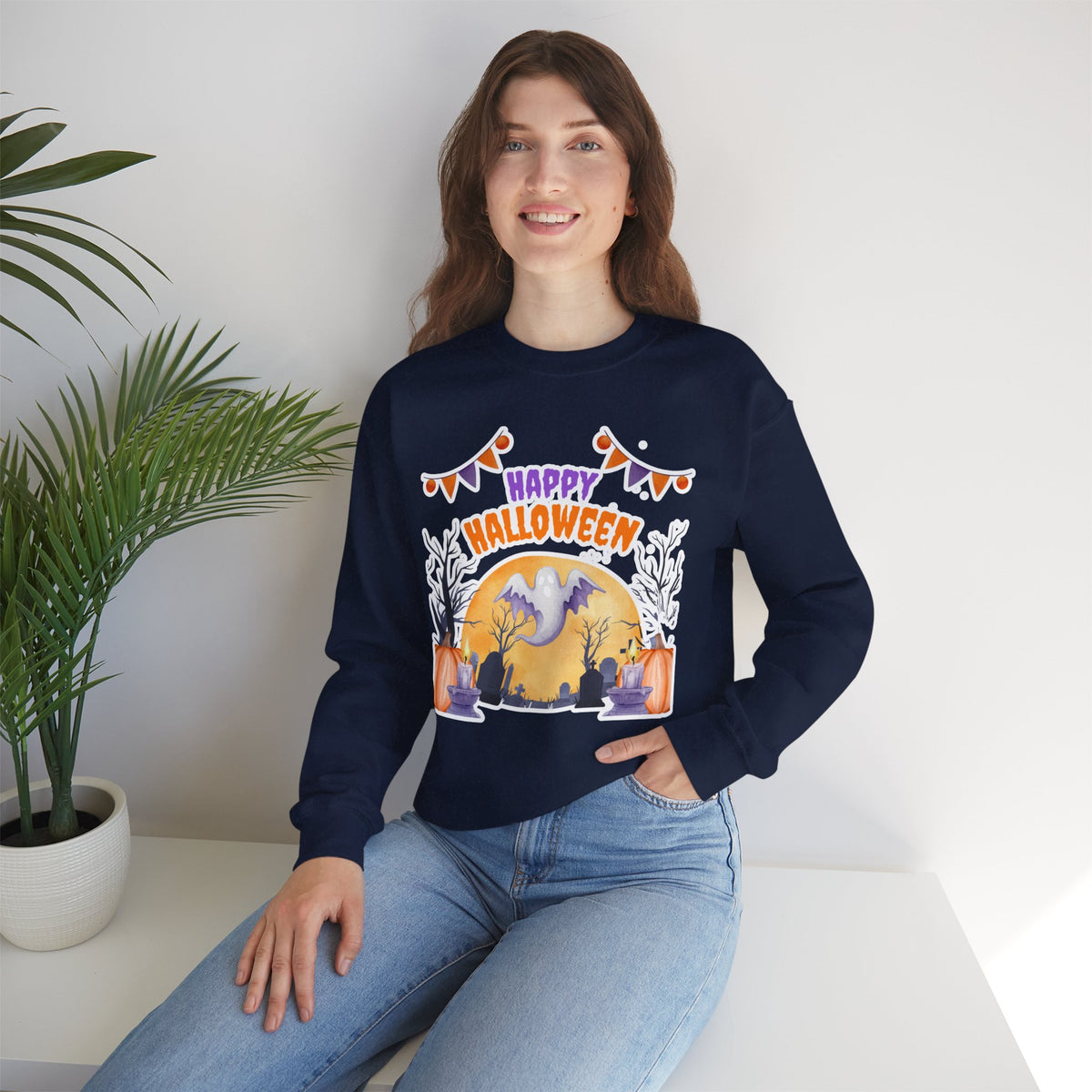 Happy Halloween Crewneck Sweatshirt — Cute Ghost Pumpkin Halloween Sweater