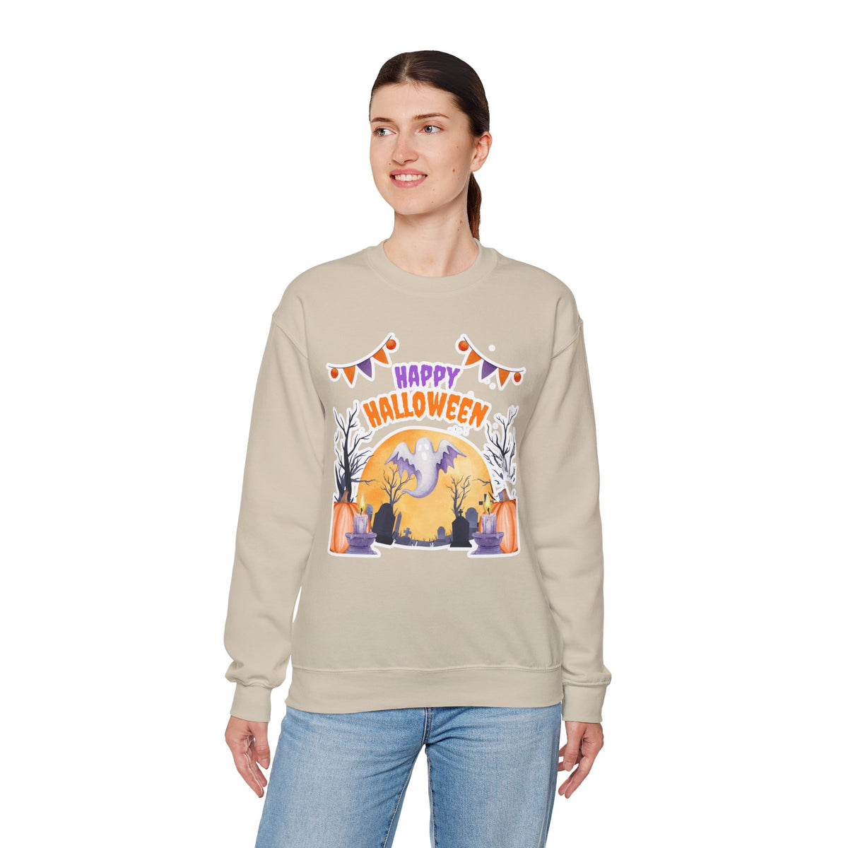 Happy Halloween Crewneck Sweatshirt — Cute Ghost Pumpkin Halloween Sweater