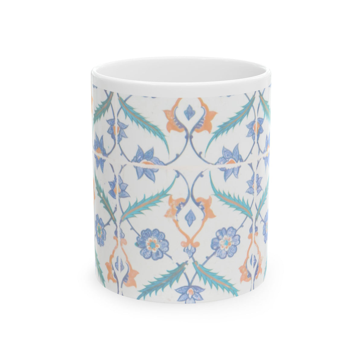 Floral Tile Pattern Ceramic Mug — Blue & Coral Botanical Design (11oz/15oz)
