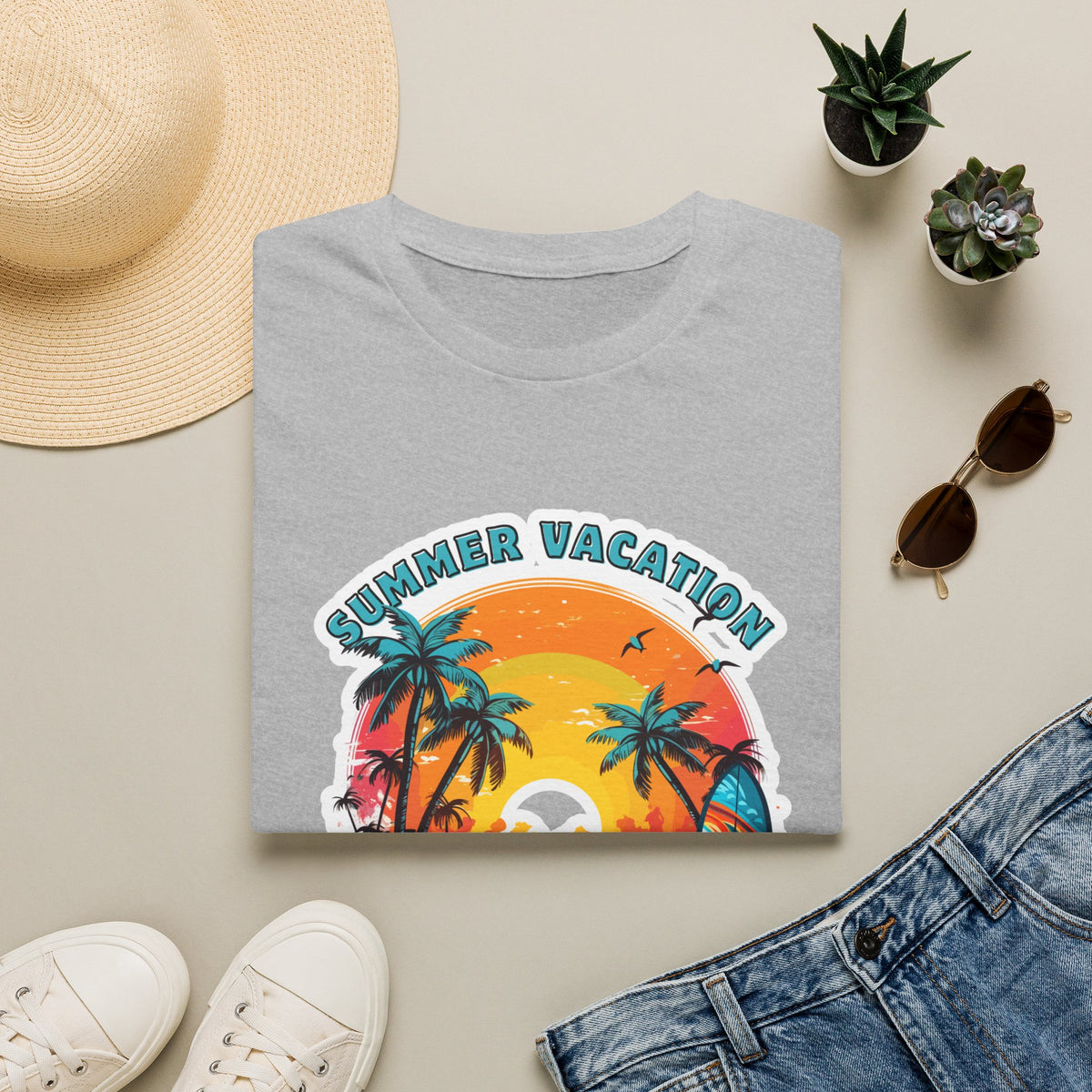 Summer Vacation T-Shirt – Tropical Sunset Surf Graphic