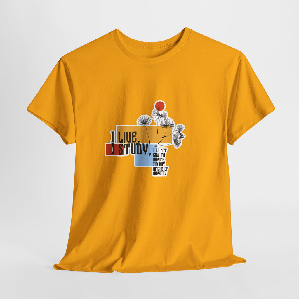 T-Shirt — I Live, I Study Graphic Tee (Minimalist Floral Collage)