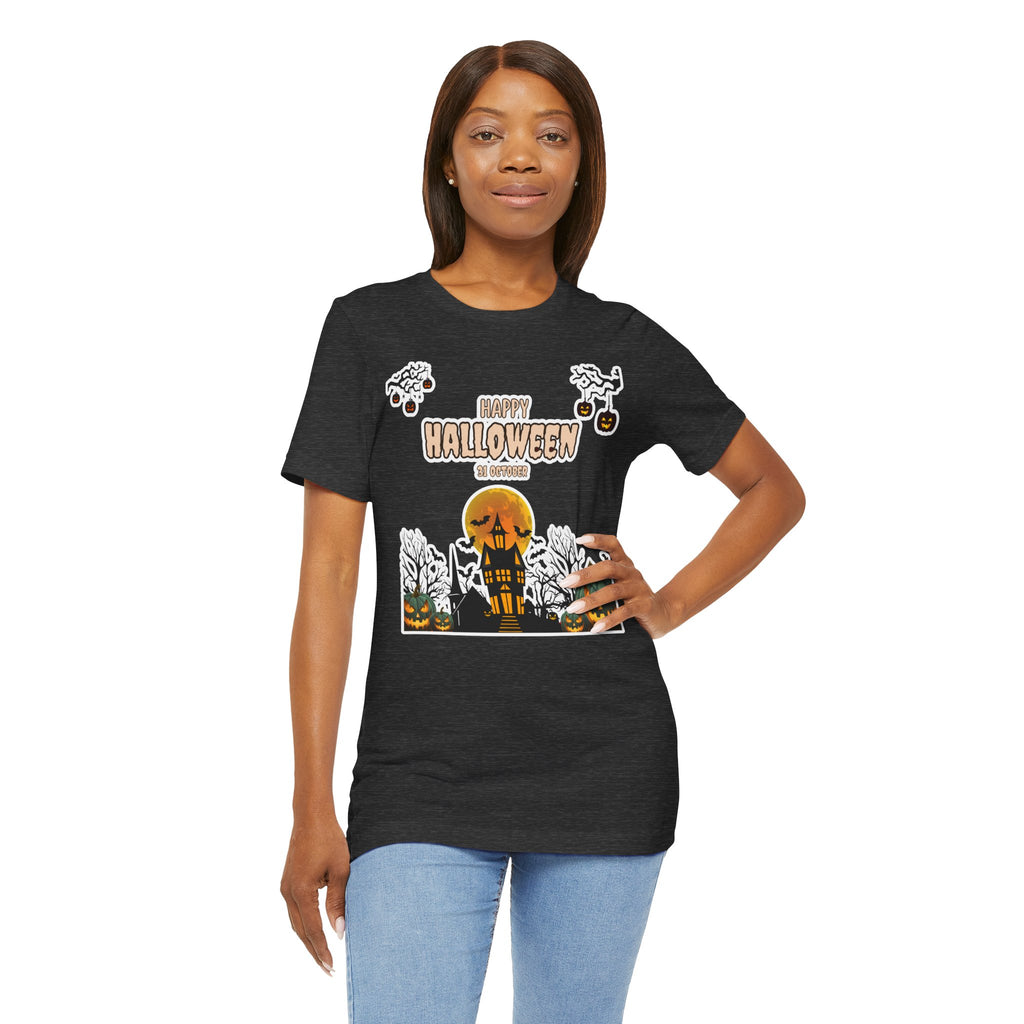 Halloween Haunted House T-Shirt — "Happy Halloween" Pumpkin Spooky Tee