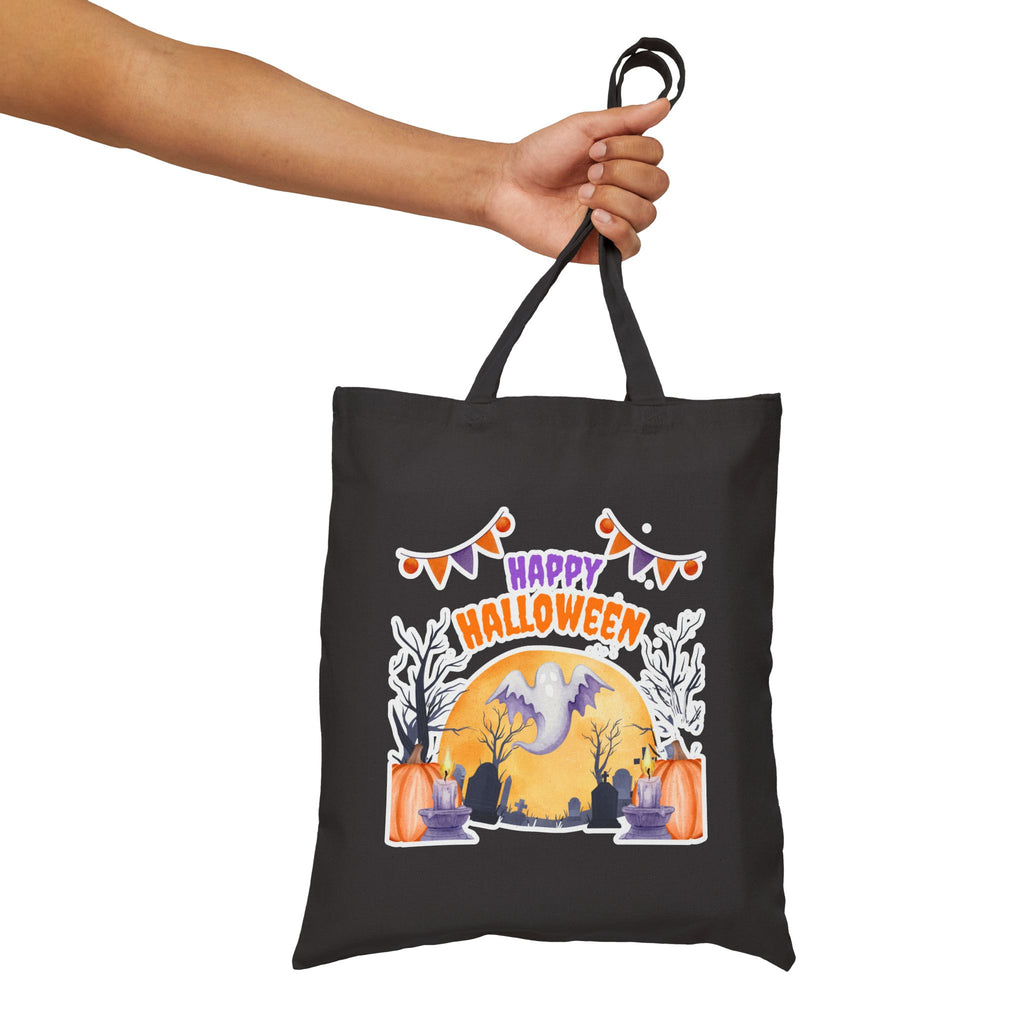 Halloween Tote Bag — "Happy Halloween" Ghost Pumpkin Canvas Tote