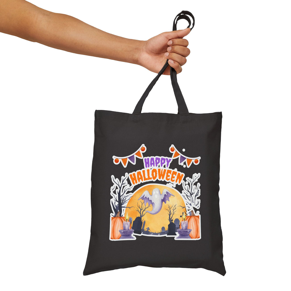 Halloween Tote Bag — "Happy Halloween" Ghost Pumpkin Canvas Tote