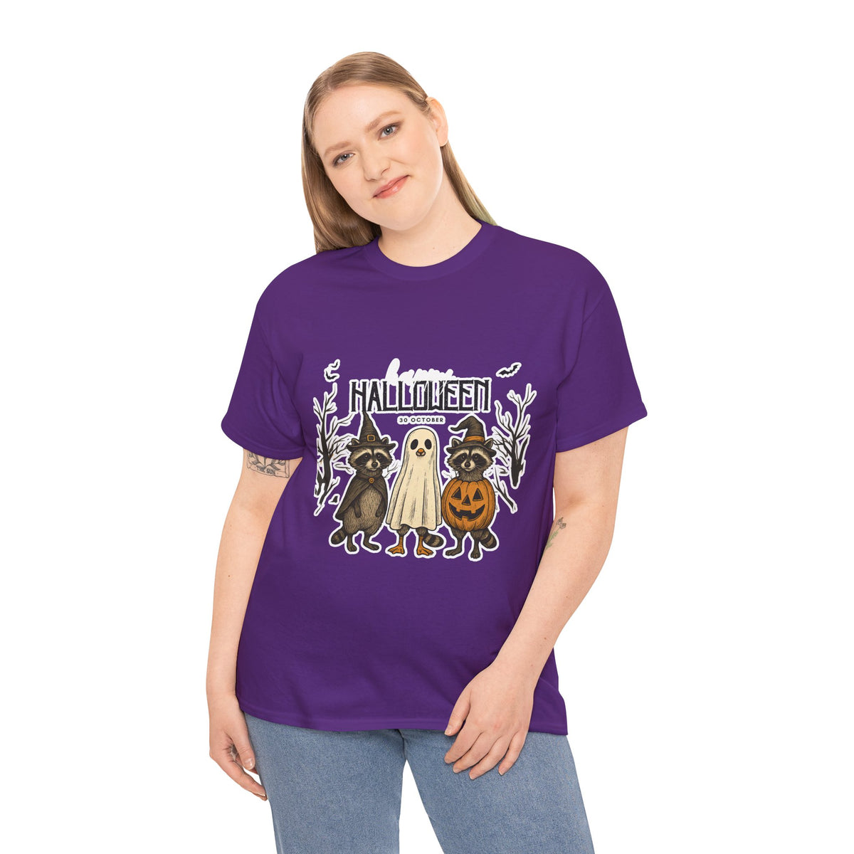 Halloween Raccoon Ghost Pumpkin T‑Shirt — Cute Spooky Costume Trio Tee